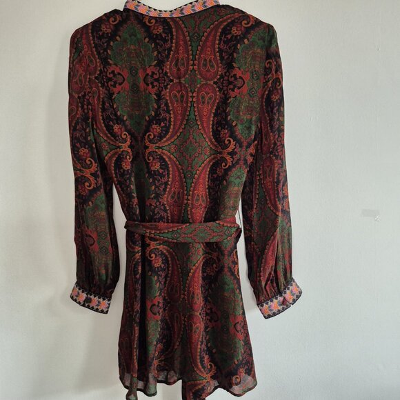 ZARA Jacquard Ribbon Dress , Long Sleeve Midi, Deep Green & Burgundy , Boho XS - Picture 2 of 15